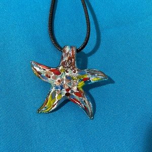 Multicolored Glass Star Pendant on Leather Necklace